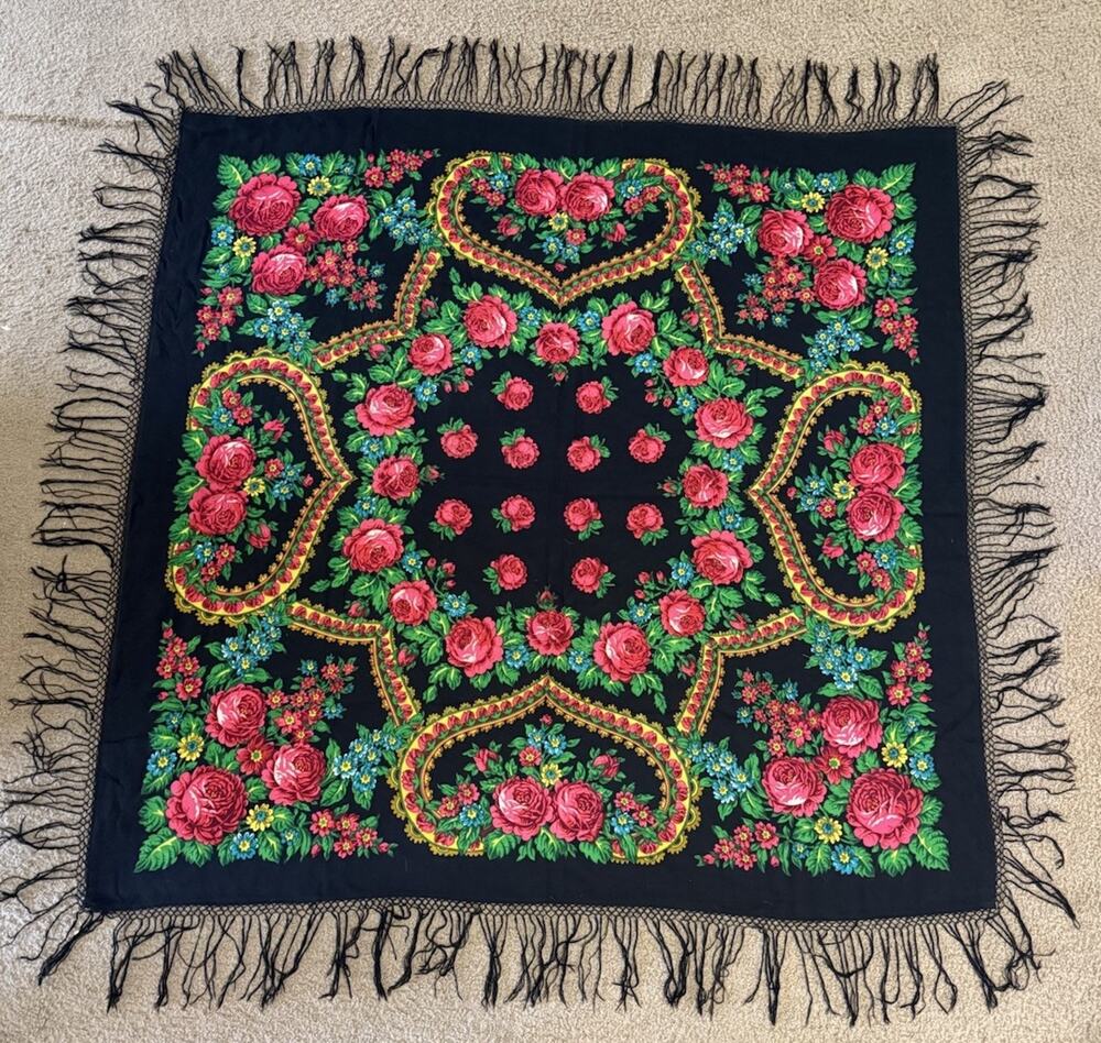 Vintage 58x58 Black Wool Floral Russian Shawl Fringe Pavlovo Posad Scarf